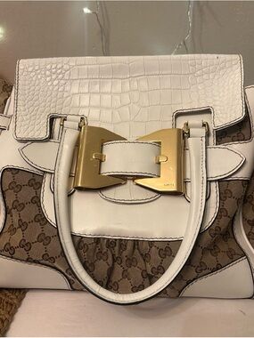 Gucci White and Brown GG Canvas Bow-Accent Satchel